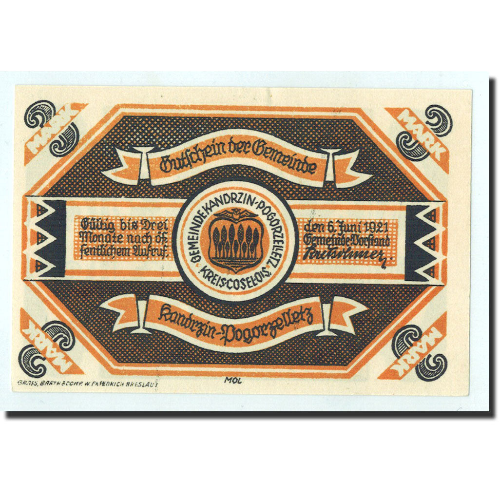 Banknote, Germany, Kandrzin, 3 Mark, cimetière, 1921, 1921-06-06, UNC(65-70)
