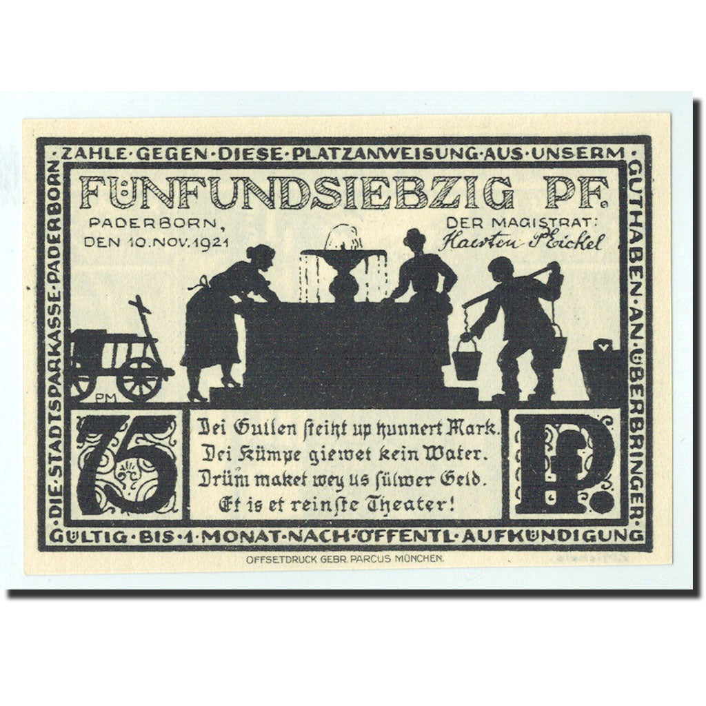Banknote, Germany, Paderborn, 75 Pfennig, ruelle, 1921, 1921-11-10, UNC(65-70)