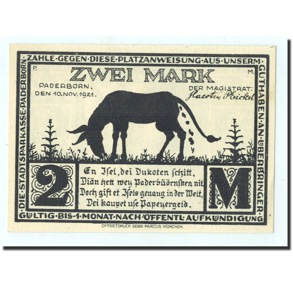 Banknote, Germany, Paderborn, 2 Mark, ruelle, 1921, 1921-11-10, UNC(65-70)