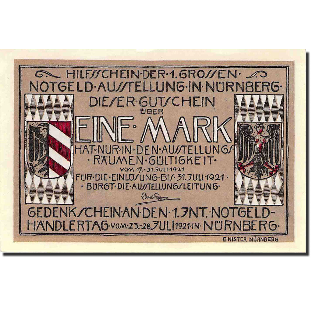 Biljet, Duitsland, Nürnberg, 1 Mark, personnage 1, 1921, 1921-07-17, SPL