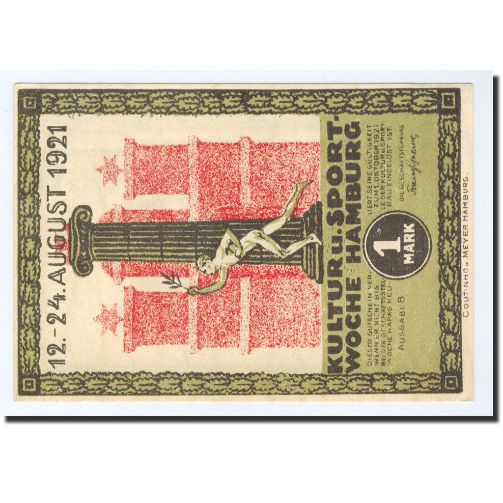 Banknote, Germany, Hamburg, 1 Mark, Monument, 1921, 1921-08-12, UNC(65-70)