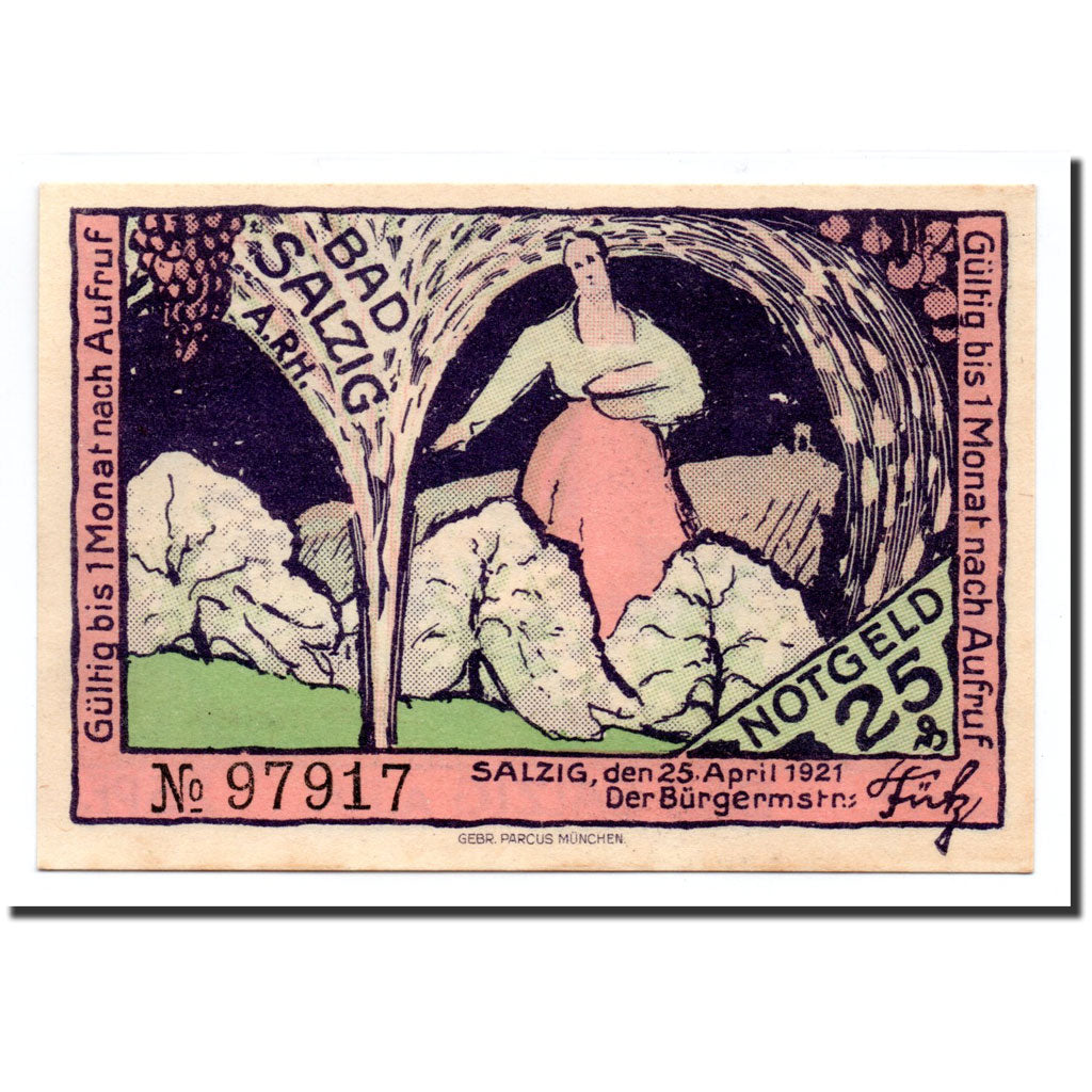 Banknote, Germany, Salzig, 25 Pfennig, Monument, 1921, 1921-04-25, UNC(65-70)