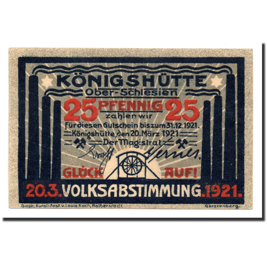 Banknote, Germany, Königshütte, 25 Pfennig, Usine, 1921, 1921-03-20
