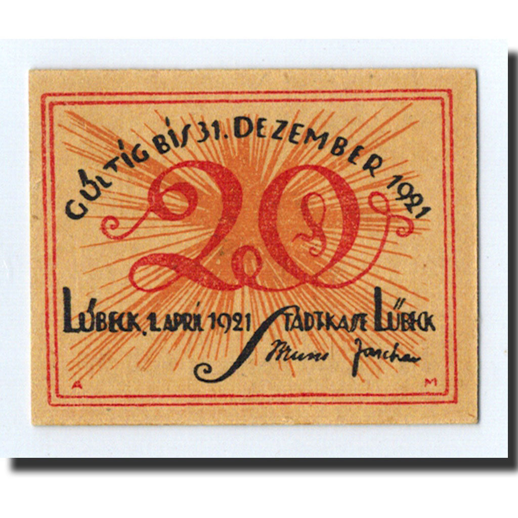 Banknote, Germany, Lübeck, 20 Pfennig, oiseaux 2, 1921, 1921-04-01, UNC(63)