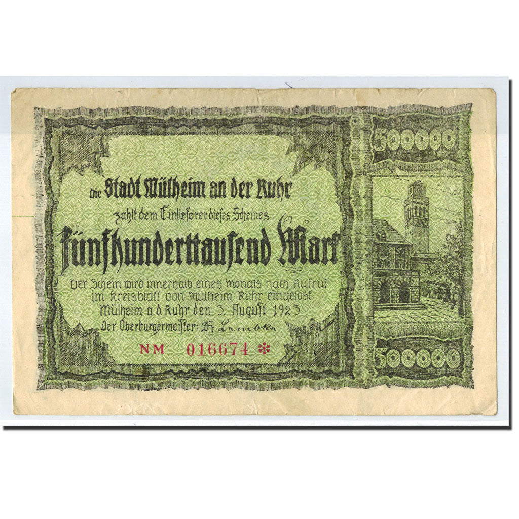 Banknote, Germany, Mülheim, 500 000 Mark, village, 1923, 1923-08-03, EF(40-45)