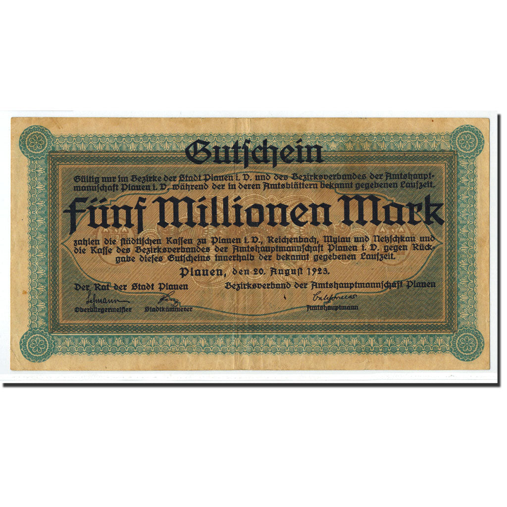 Banknote, Germany, Plauen, 5 Millionen Mark, graphique, 1923, 1923-08-20