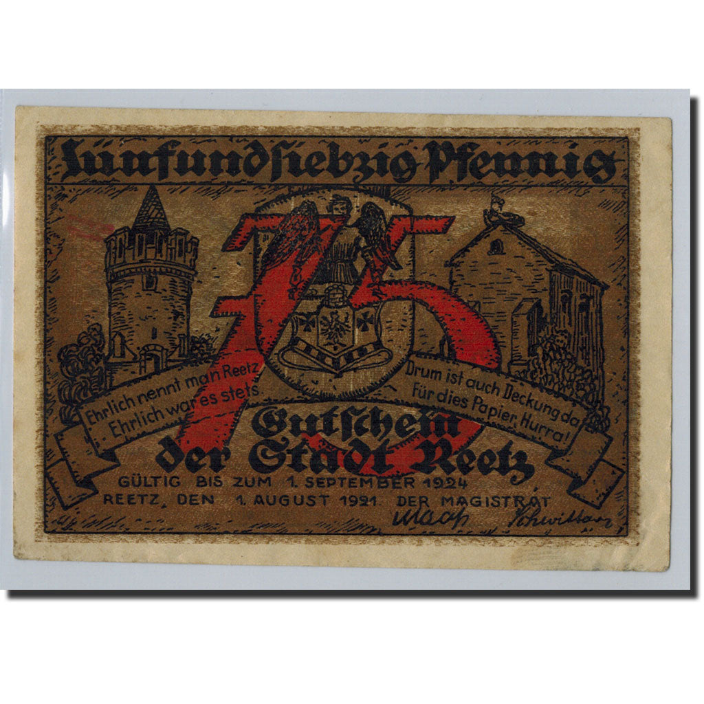 Geldschein, Deutschland, Reetz, 75 Pfennig, personnage, 1921, 1921-08-01, UNZ