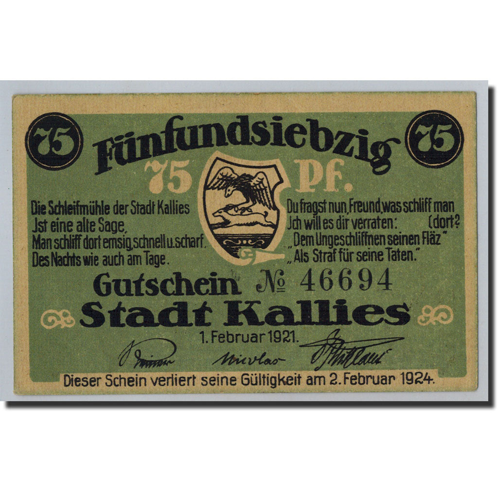 Banconote, Germania, Kallies, 75 Pfennig, personnage, 1921, 1921-02-01, FDS