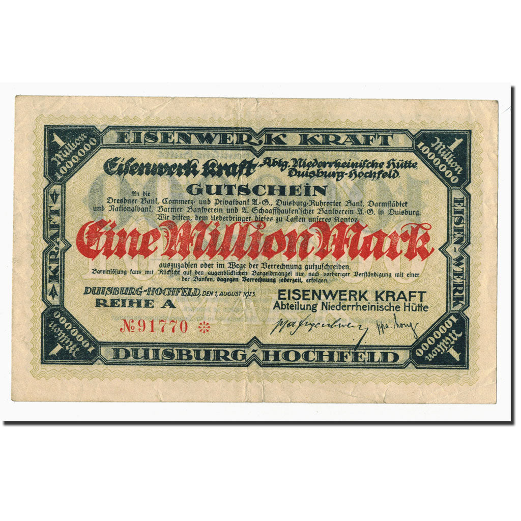 Banknote, Germany, Duisburg-Hochfeld, 1 Million Mark, Citation, 1923