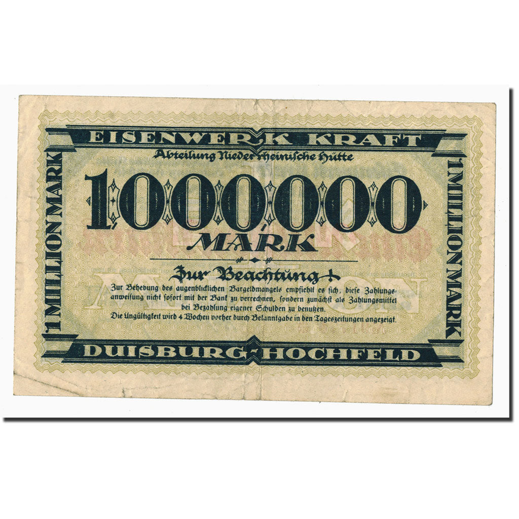 Banknote, Germany, Duisburg-Hochfeld, 1 Million Mark, Citation, 1923