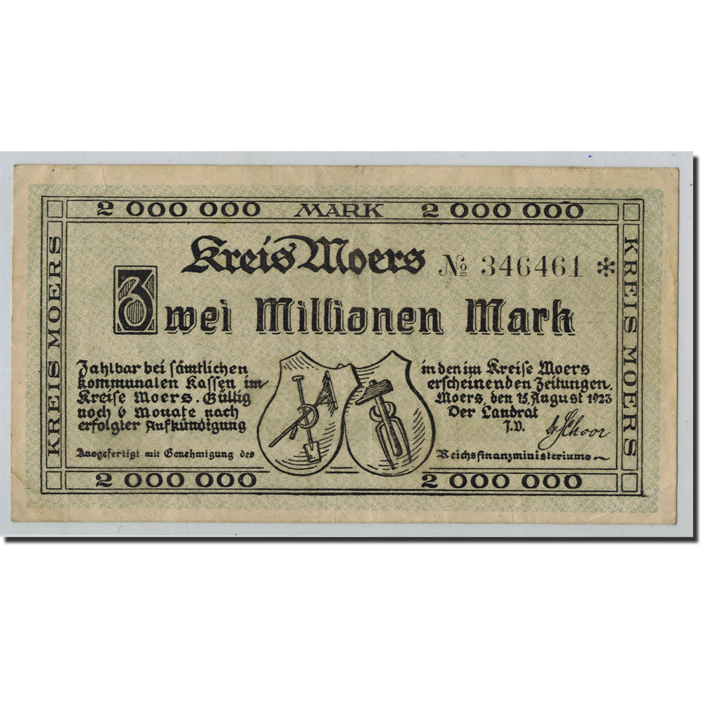 Banknote, Germany, Moers, 2 Millions Mark, Ecusson, 1923, 1923-08-15, AU(55-58)