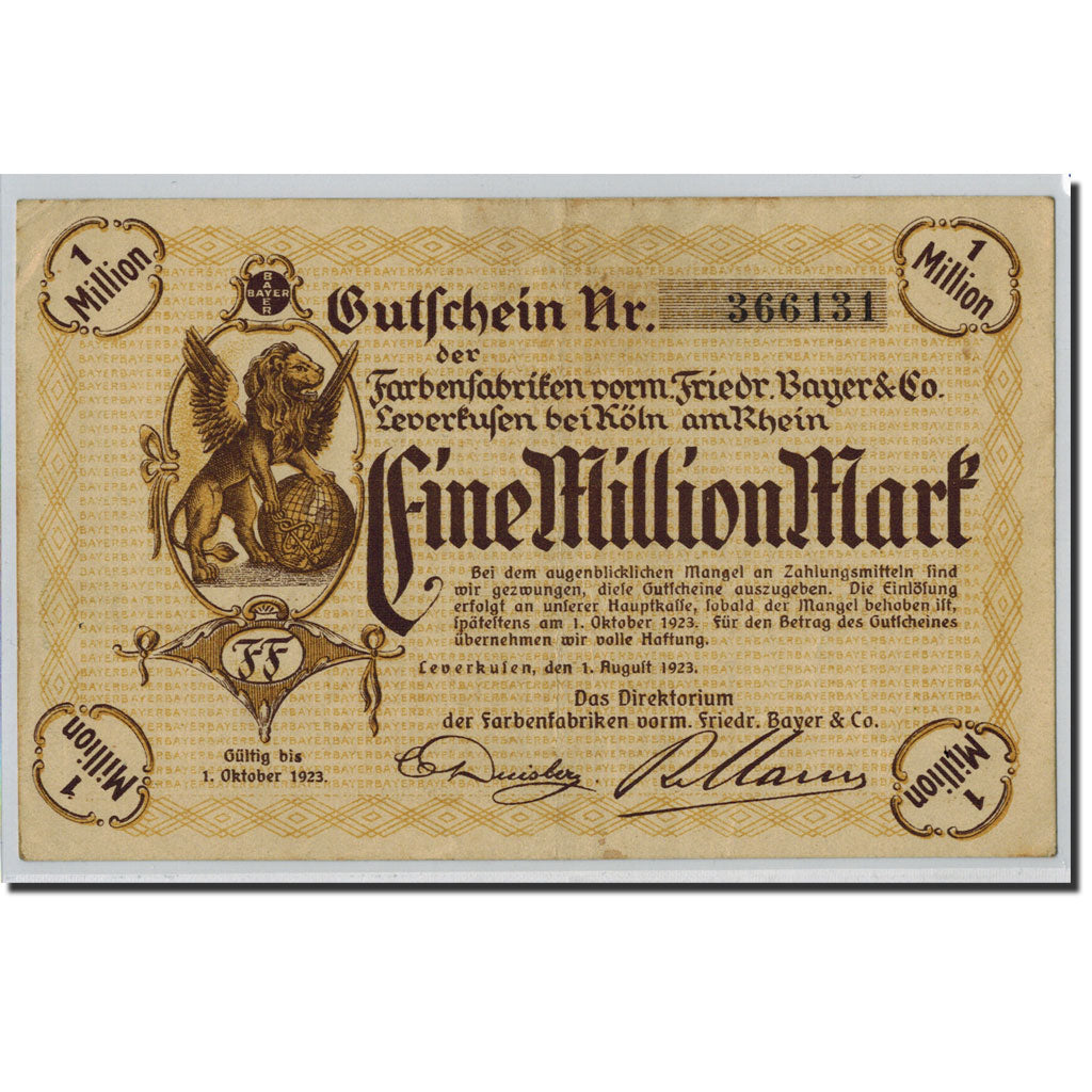 Banknote, Germany, Leverkusen, 1 Million Mark, Lion, 1923, 1923-08-01