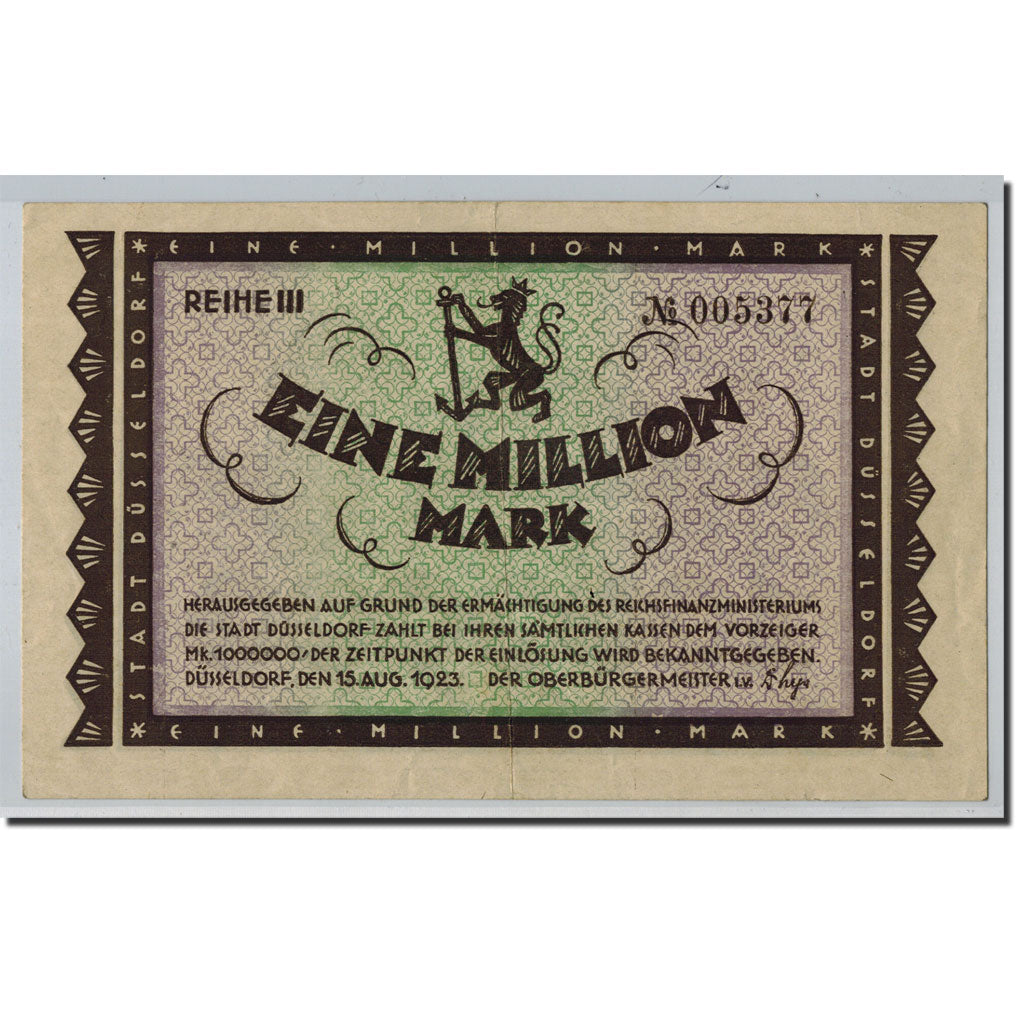 Banknote, Germany, Düsseldorf, 1 Million Mark, pont, 1923, 1923-08-15