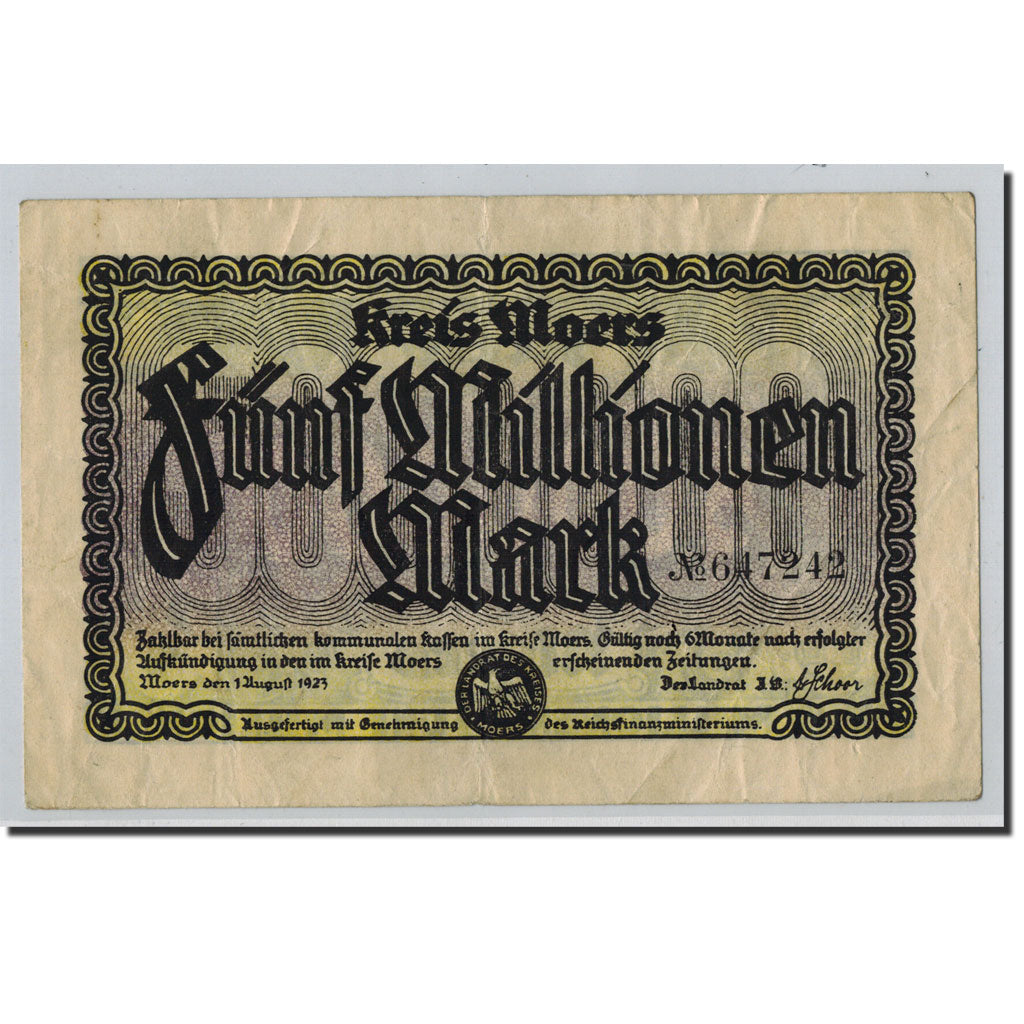 Banknote, Germany, Moers, 5 Millionen Mark, Ecusson, 1923, 1923-08-01, AU(55-58)