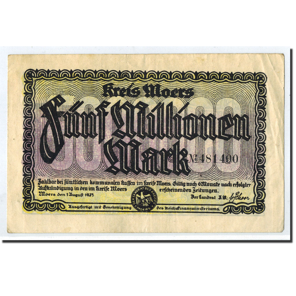 Billet, Allemagne, Moers, 5 Millionen Mark, Ecusson, 1923, 1923-08-01, SUP