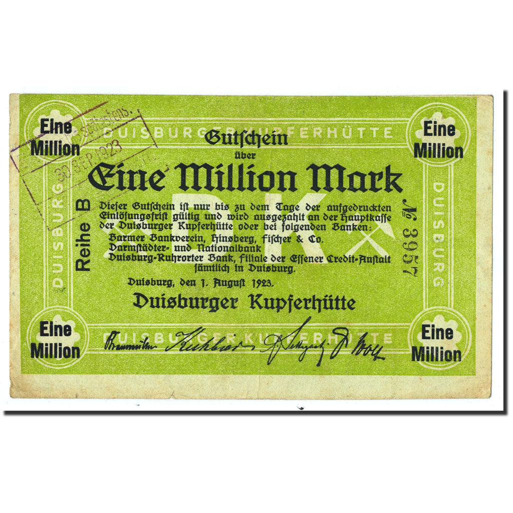 Germany, Duisburg, 1 Million Mark, Citation, 1923, 1923-08-01, AU(55-58)