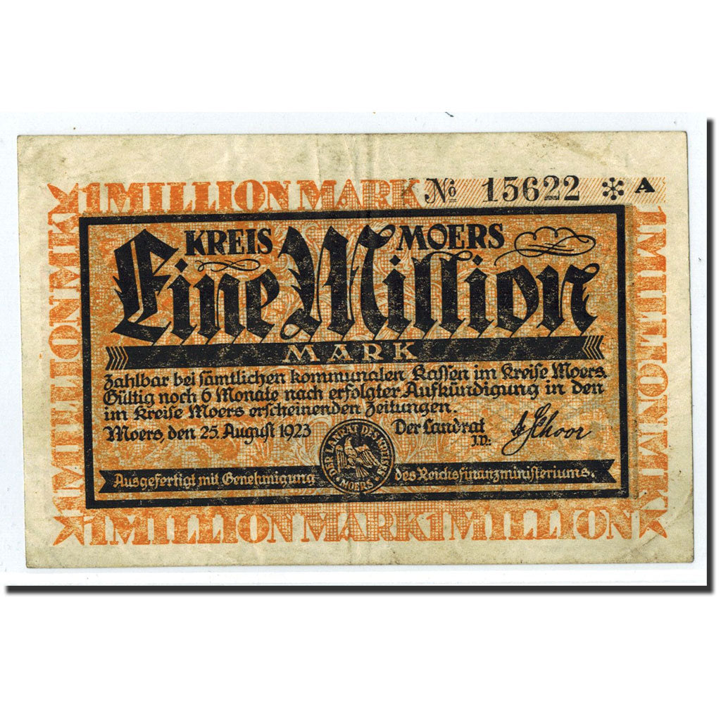 Banknote, Germany, Moers, 1 Million Mark, graphique, 1923, 1923-08-25, AU(50-53)
