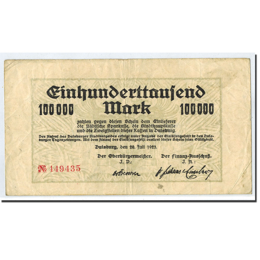 Banknote, Germany, Duisburg, 100 000 Mark, graphique, 1923, 1923-07-20