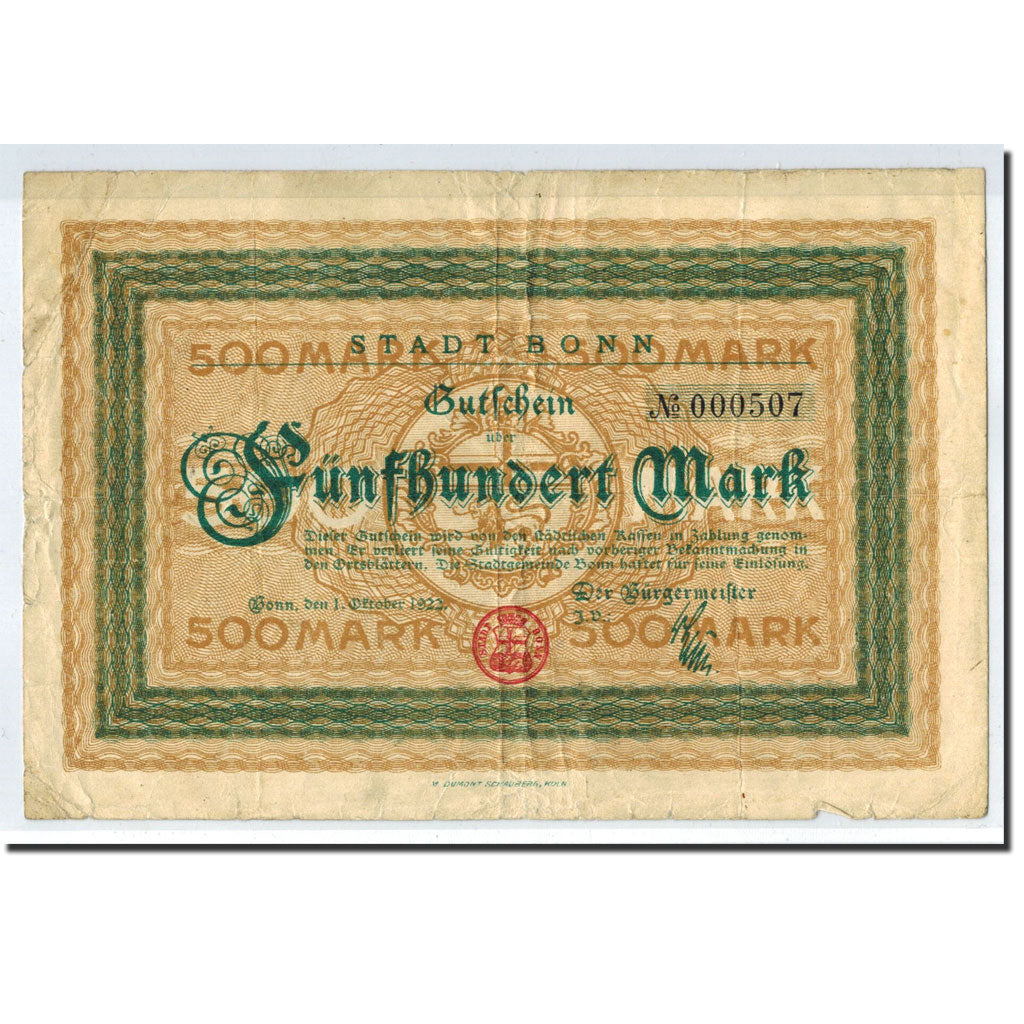 Germany, Bonn, 500 Mark, Ecusson, 1922, 1922-10-01, EF(40-45)