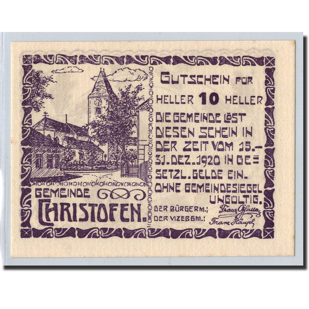 Geldschein, Österreich, Heitzing, 10 Heller, gland, 1920, 1920-12-15, UNZ-