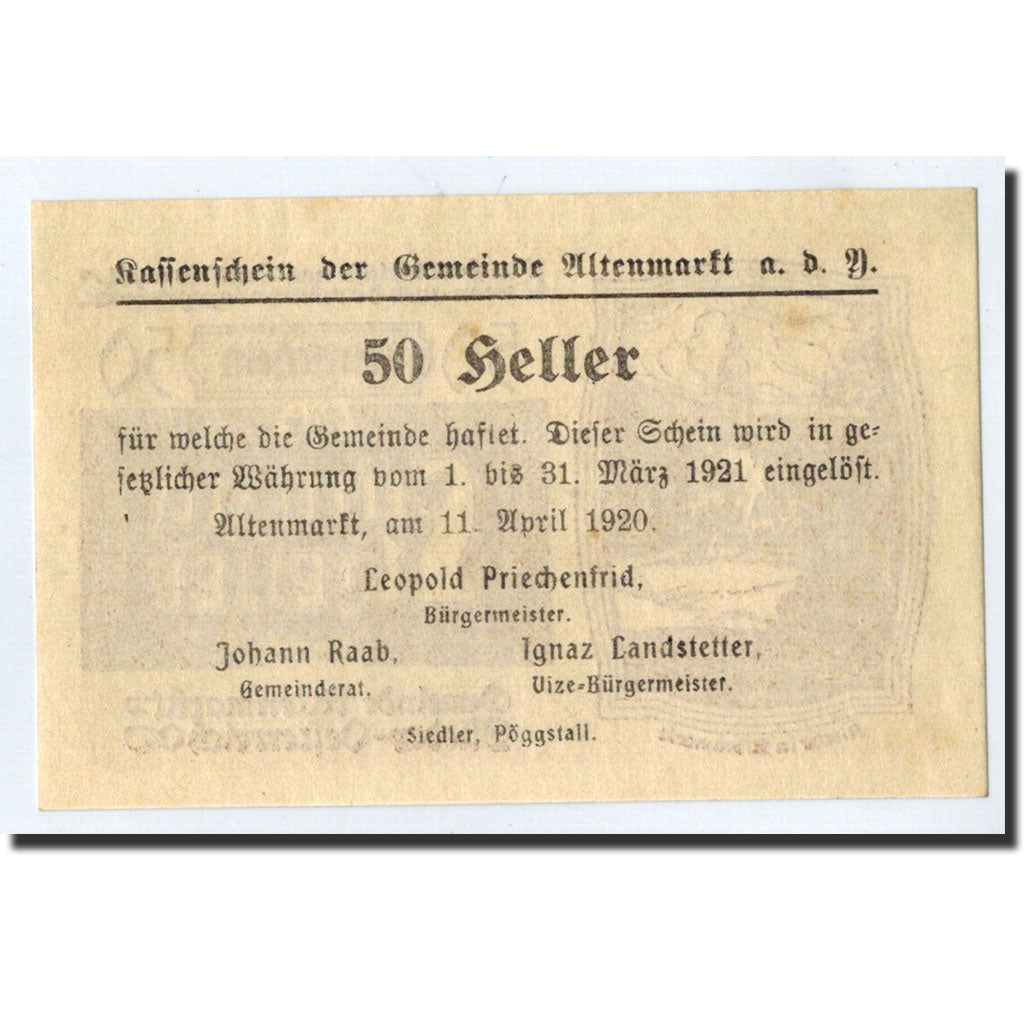 Geldschein, Österreich, Altenmarkt, 50 Heller, village, 1921, 1921-03-31, UNZ