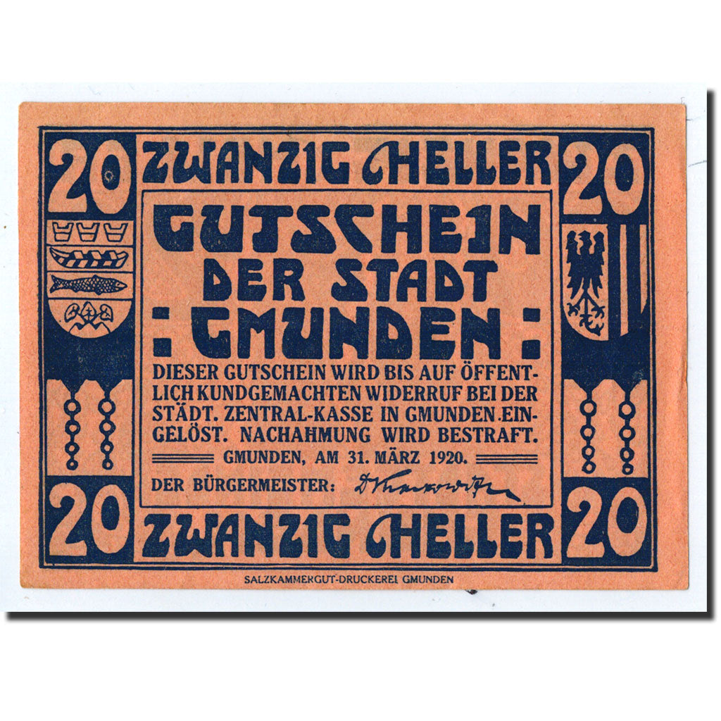 Geldschein, Österreich, Gmunden, 20 Heller, personnage, 1920, 1920-03-31, UNZ