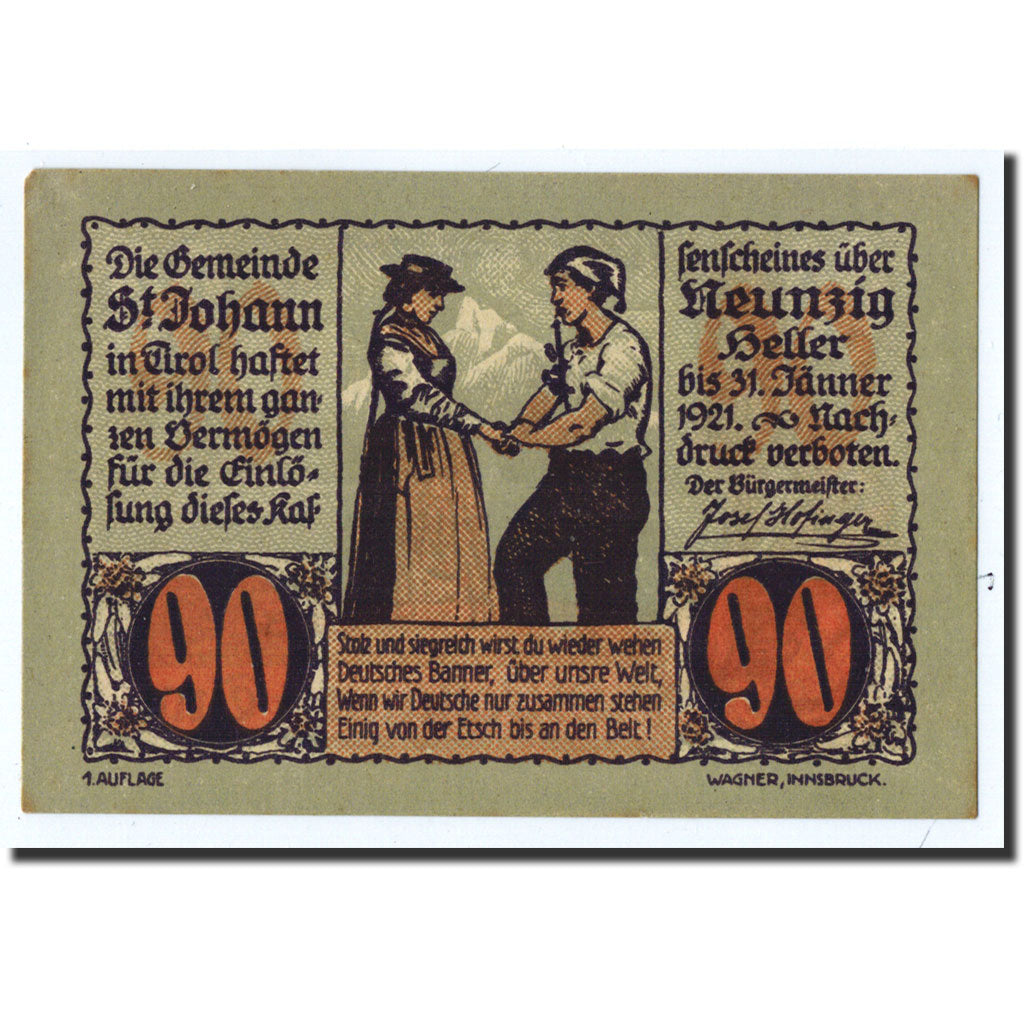 Banknote, Austria, St Johann in Tirol, 90 Heller, personnage, 1921, 1921-01-31