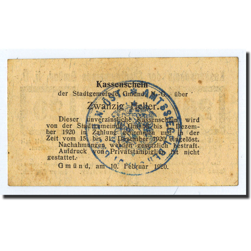 Geldschein, Österreich, Gmünd, 20 Heller, Citation, 1920, 1920-03-01, UNZ-