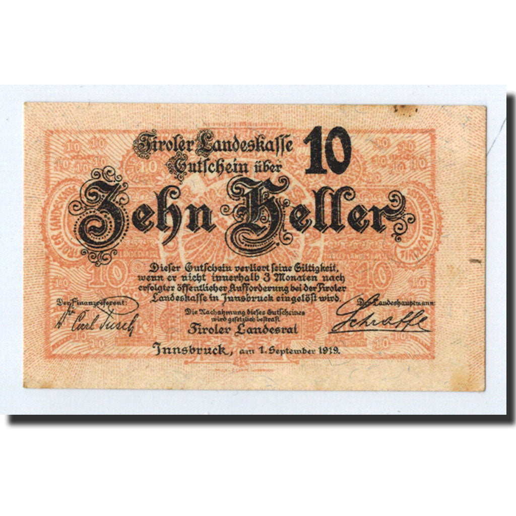 Banknote, Austria, Innsbruck, 10 Heller, Ecusson, 1919, 1919-09-01, UNC(63)