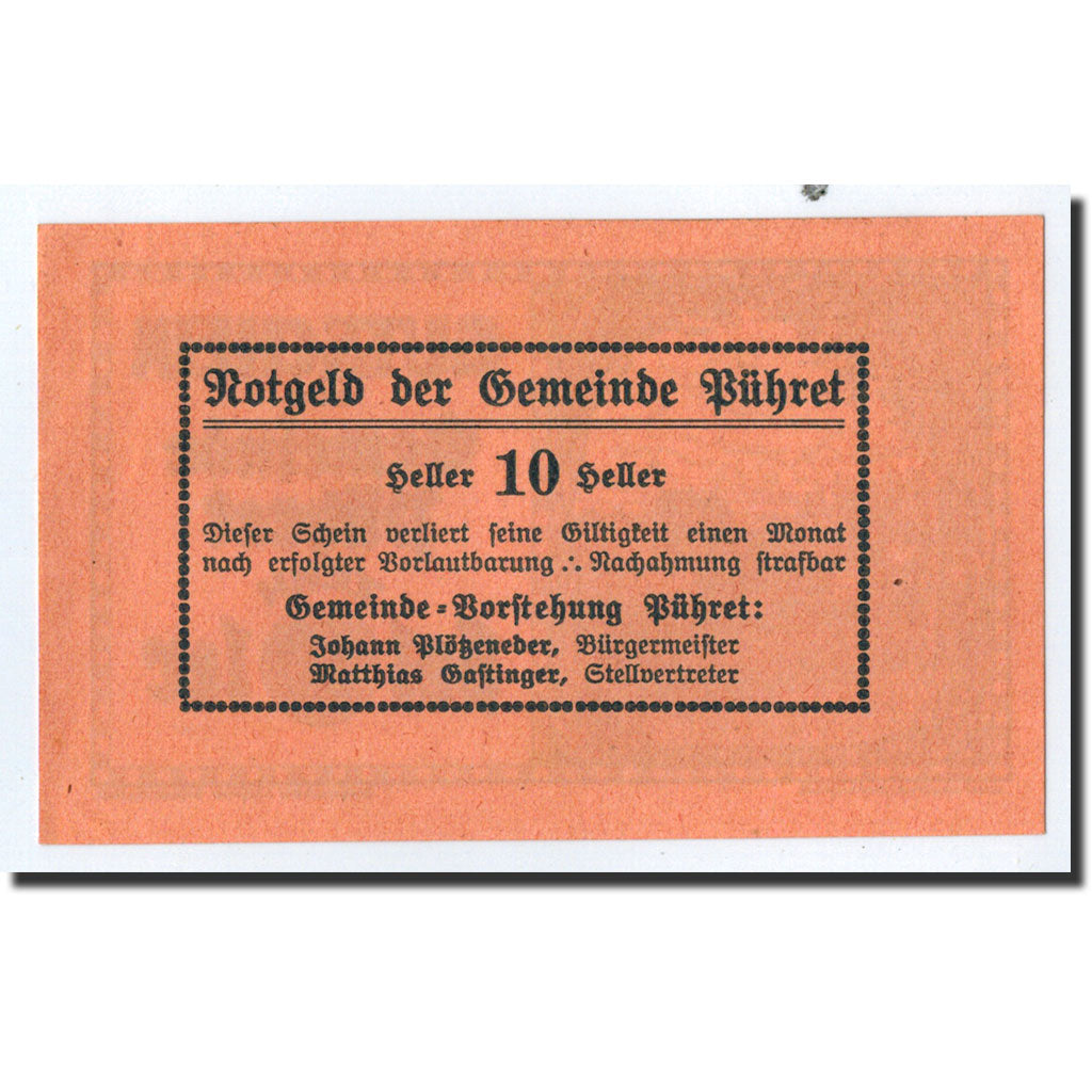 Banknote, Austria, Pühret, 10 Heller, agriculteur, Undated, Undated, UNC(65-70)