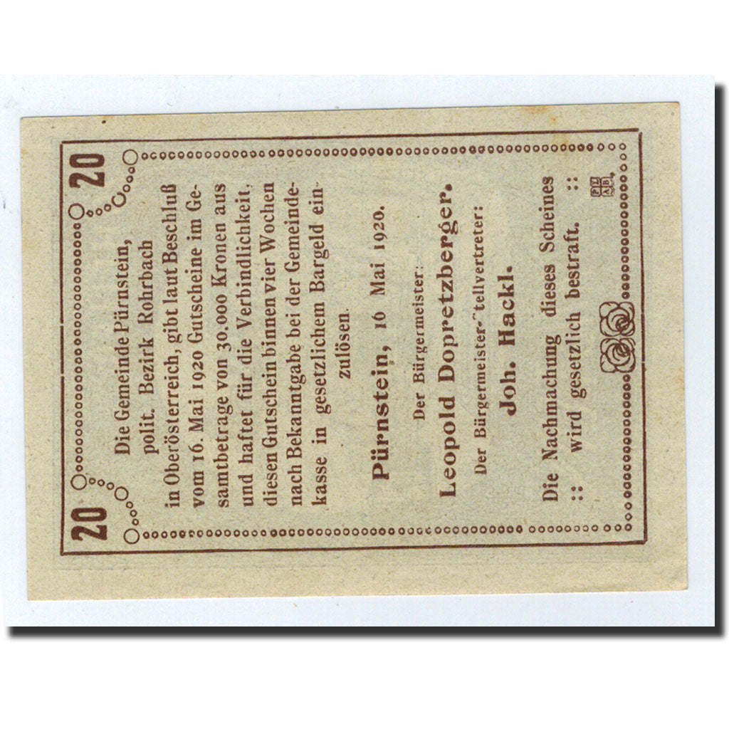 Austria, Pürnstein, 20 Heller, train, 1920, 1920-05-16, UNC(65-70)