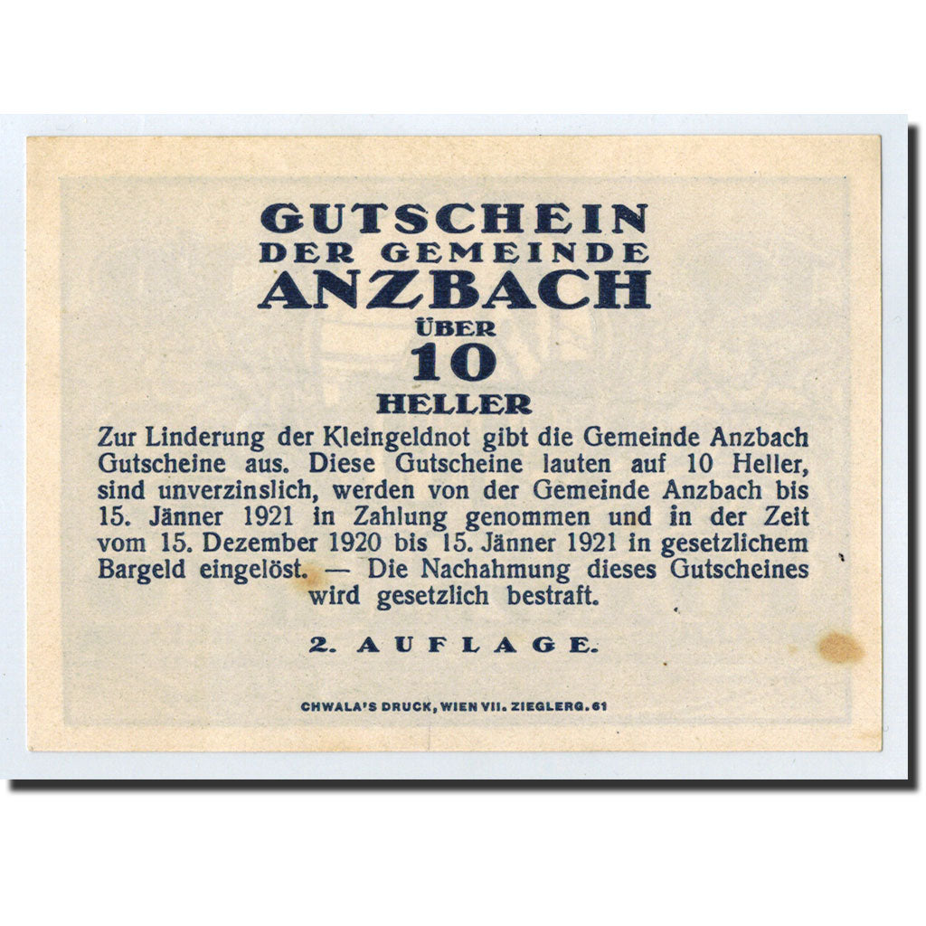 Geldschein, Österreich, Anzbach, 10 Heller, Eglise, 1921, 1921-01-15, UNZ-