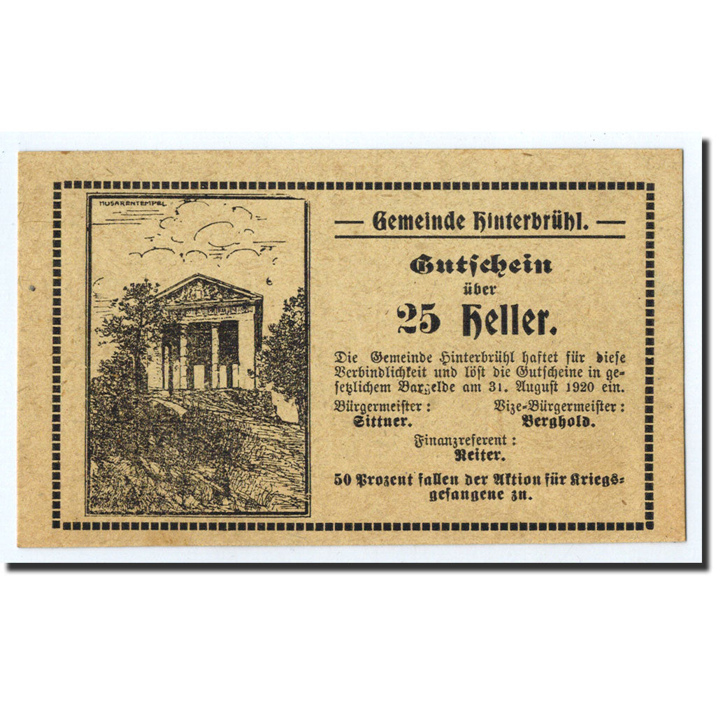Geldschein, Österreich, Hinterbrühl, 25 Heller, Batiment, 1920, 1920-08-31