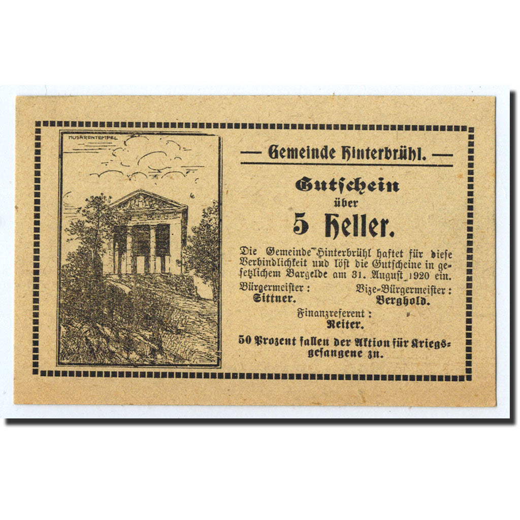 Geldschein, Österreich, Hinterbrühl, 5 Heller, Batiment, 1920, 1920-08-31