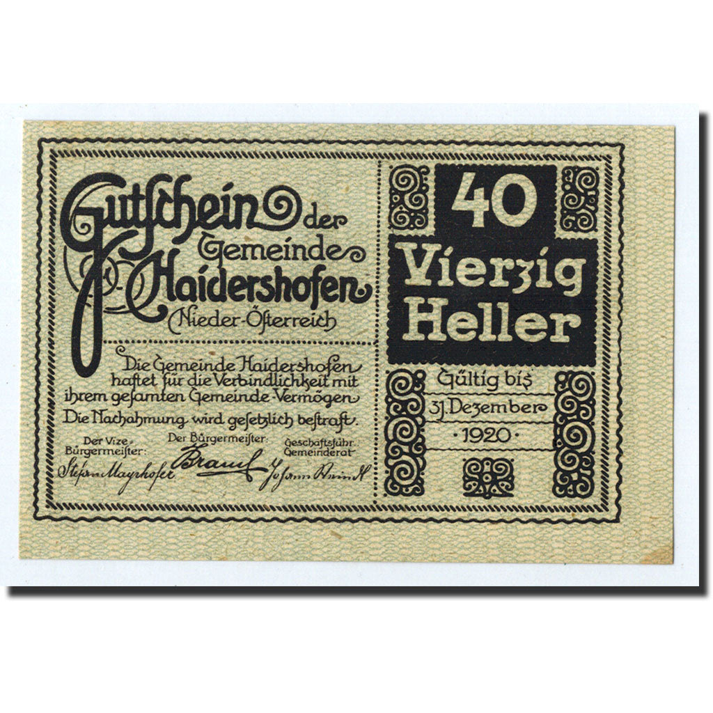 Geldschein, Österreich, Haidershofen, 40 Heller, paysage, 1920, 1920-12-31