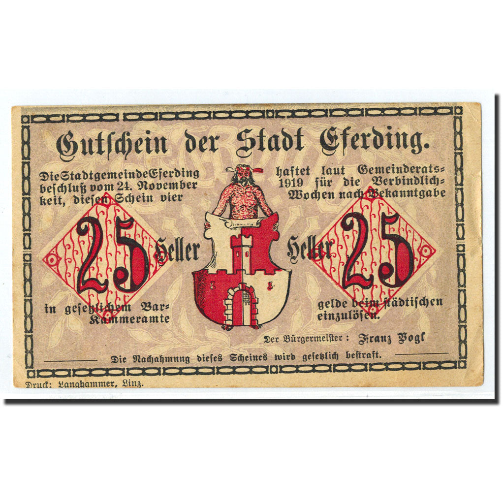Geldschein, Österreich, Eferding, 25 Heller, Ecusson, 1919, 1919-11-24, UNZ-