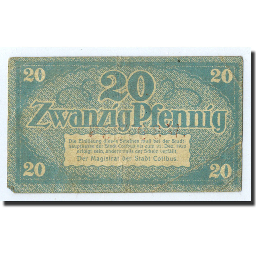 Banknote, Germany, Cottbus, 20 Pfennig, Ecusson, 1920, 1920-12-31, AU(50-53)