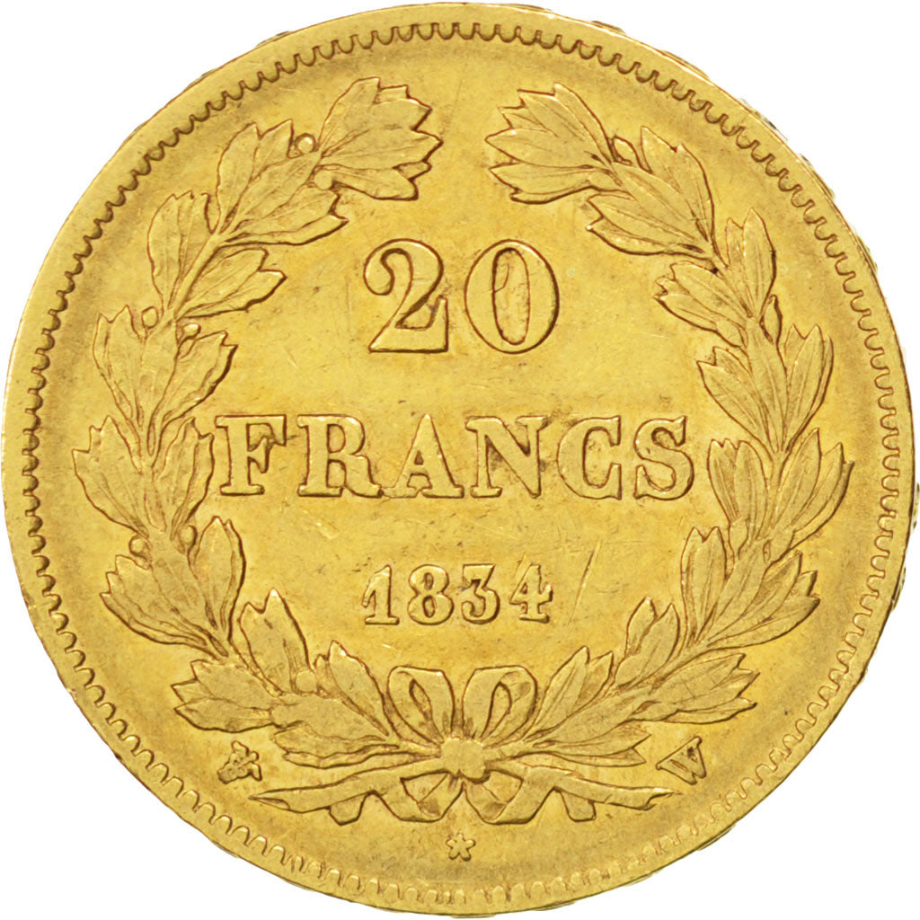 Louis-Philippe I, 20 Francs Or tête laurée, 1834 W, Lille, Gadoury 1031