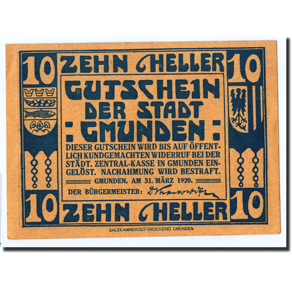 Geldschein, Österreich, Gmunden, 10 Heller, bateau, 1920, 1920-03-31, UNZ-