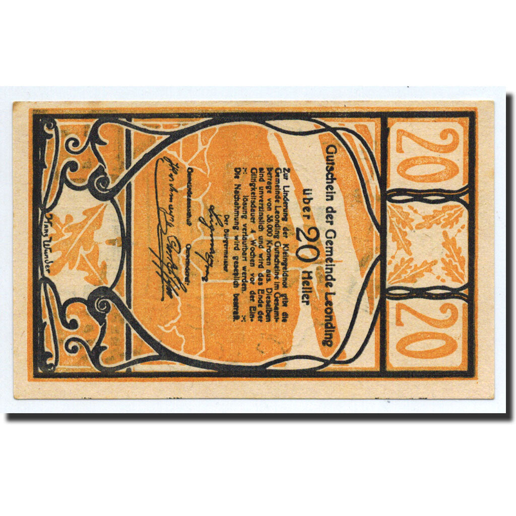 Banknot, Austria, Leonding, 20 Heller, statue, Undated, Undated, UNC(63)