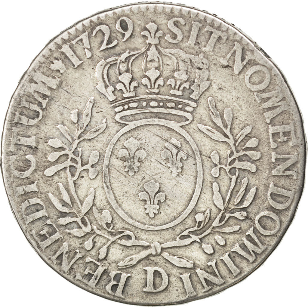 FRANCE, Écu aux branches d'olivier, ECU, 1729, Lyon, KM #486.6, VF(20-25), ...