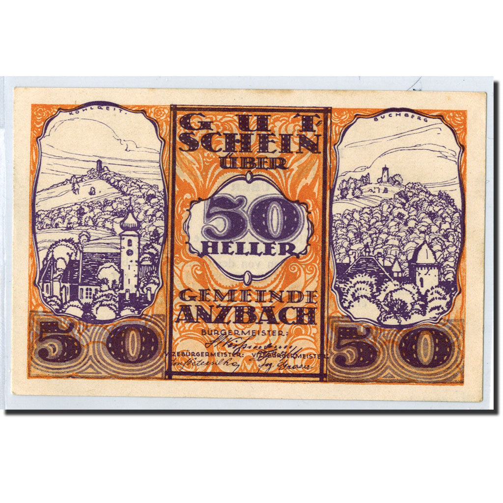 Banknote, Austria, Anzbach, 50 Heller, paysage, 1921, 1921-01-15, UNC(63)