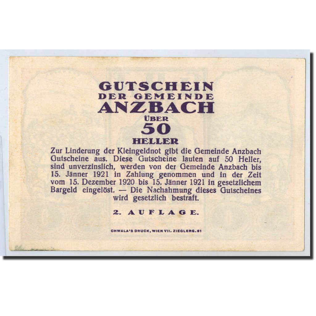 Banknote, Austria, Anzbach, 50 Heller, paysage, 1921, 1921-01-15, UNC(63)