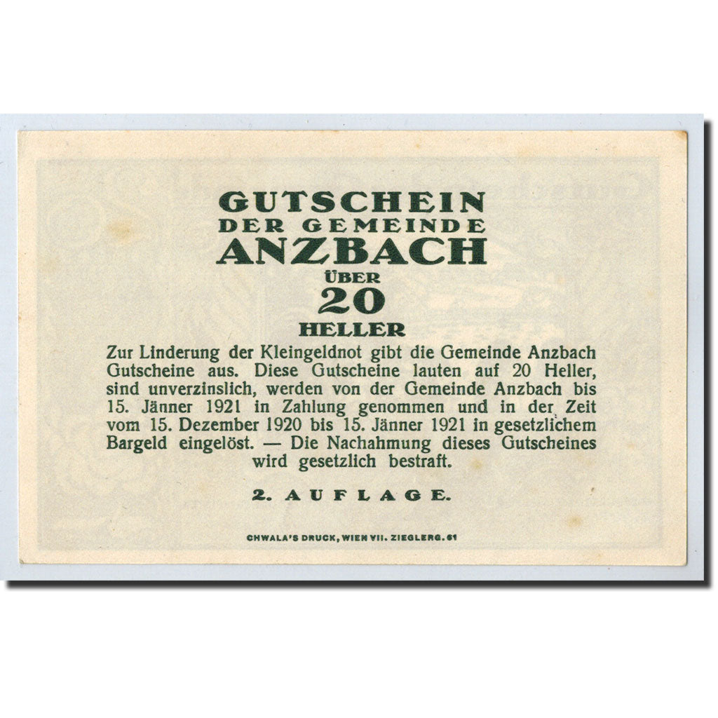 Banknote, Austria, Anzbach, 20 Heller, pont, 1921, 1921-01-15, UNC(63)