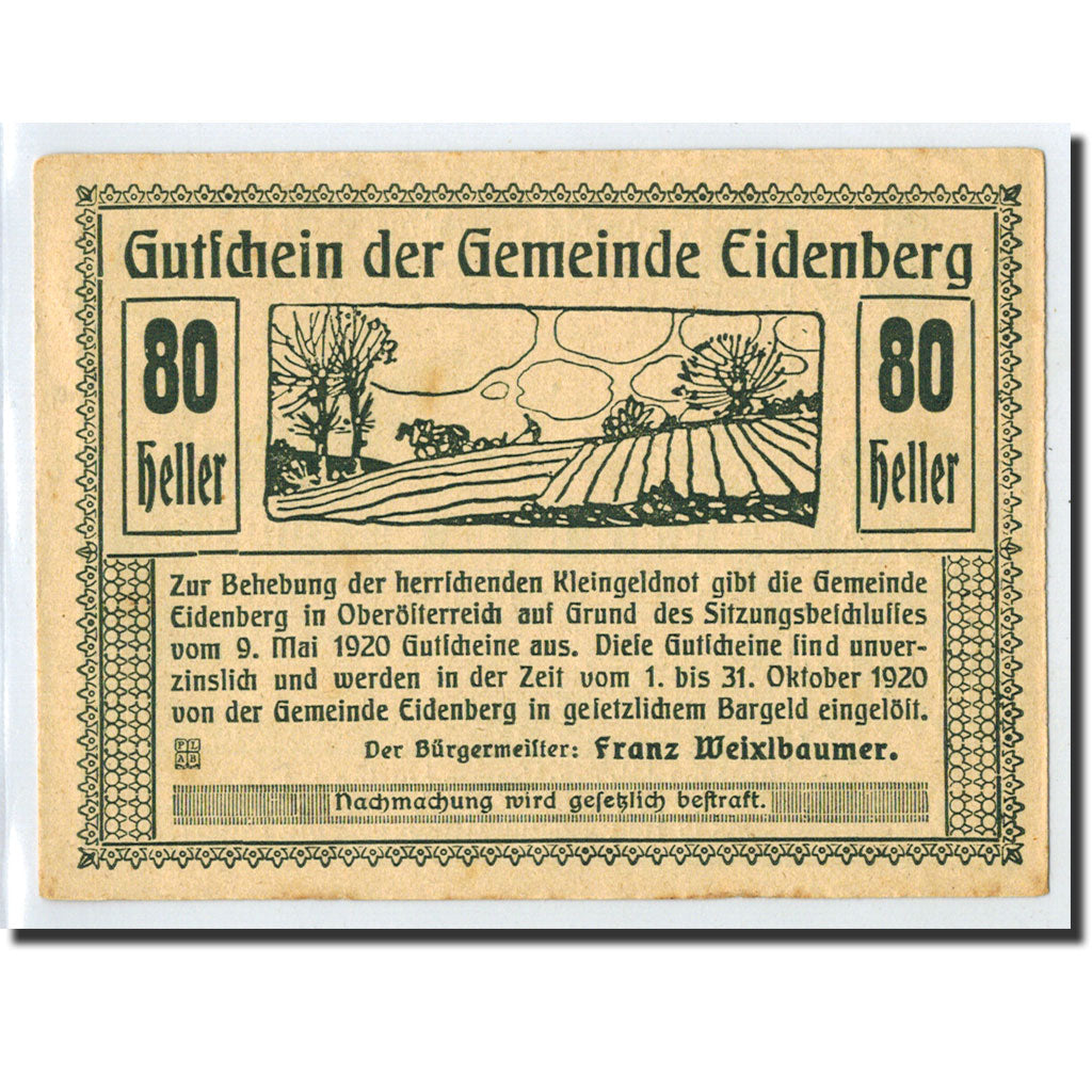 Geldschein, Österreich, Eidenberg, 80 Heller, paysan, 1920, 1920-05-09, UNZ-