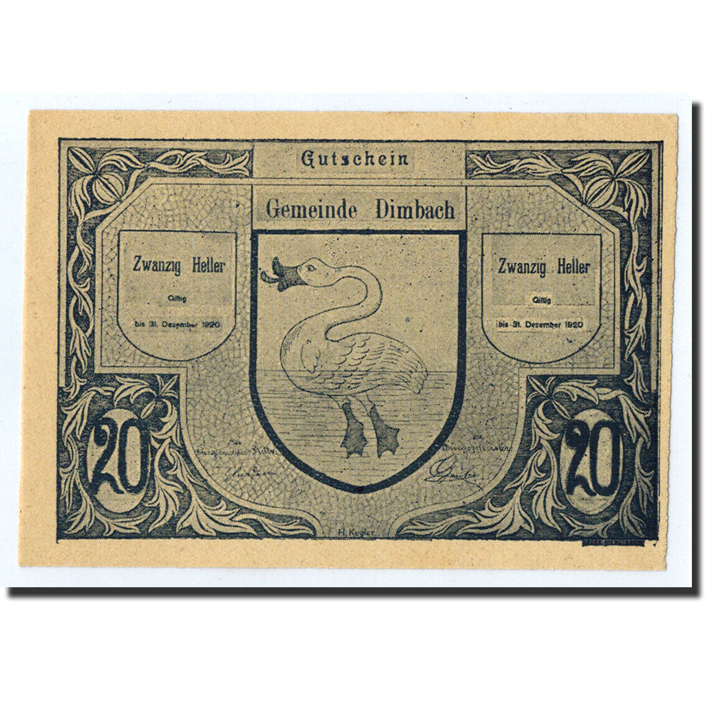 Geldschein, Österreich, Dimbach, 20 Heller, cigne, 1920, 1920-12-31, UNZ-