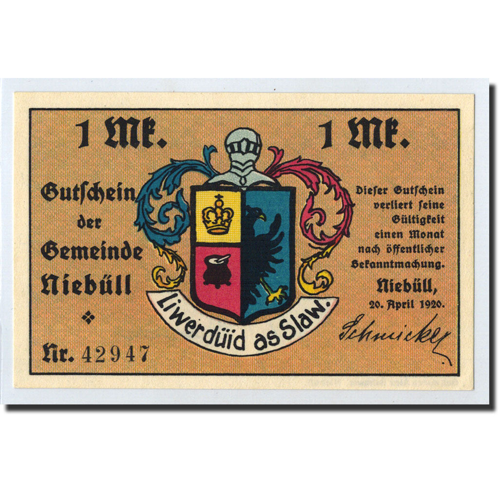 Banknote, Germany, Niebüll, 1 Mark, Ecusson, 1920, 1920-04-20, UNC(63)