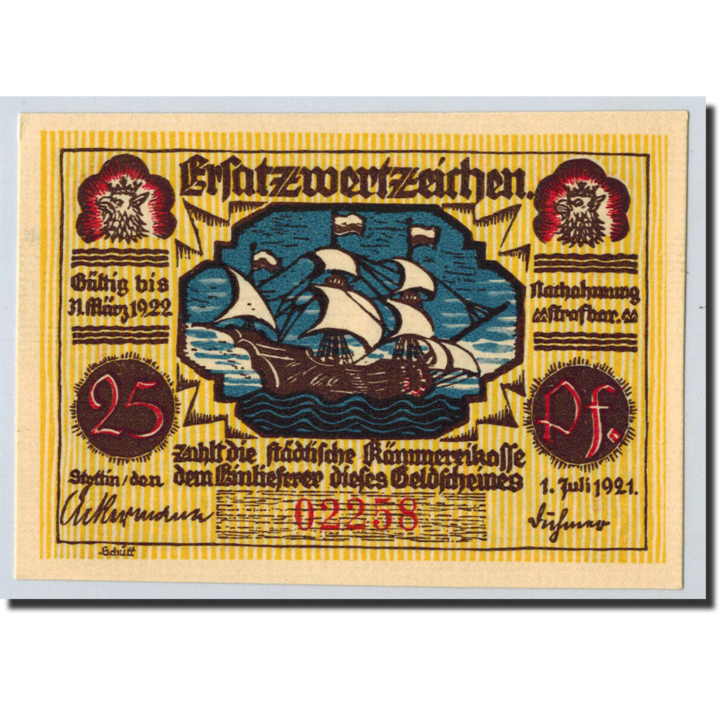 Banknote, Germany, Stettin Stadt, 25 Pfennig, bateau, 1921, 1921-07-01, UNC(63)
