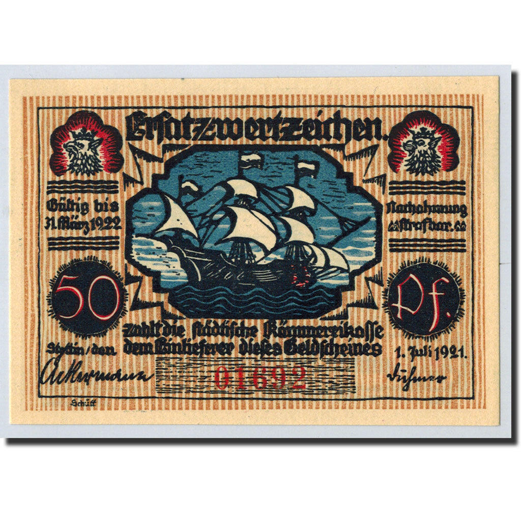 Banknote, Germany, Stettin Stadt, 50 Pfennig, bateau, 1921, 1921-07-01, UNC(63)