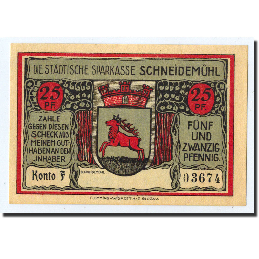 Banknote, Germany, Schneidemuhl, 25 Pfennig, Ecusson, O.D, Undated, UNC(63)